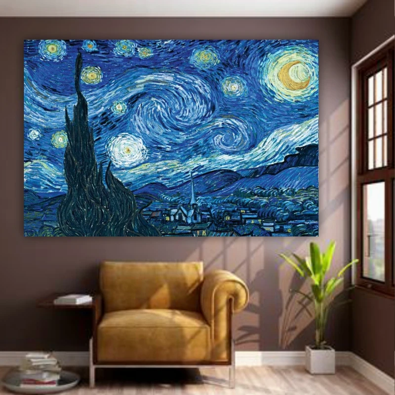 تابلو بوم طرح چرم مخمل مدل نقاشی شب پرستاره ونگوگ کد BM133