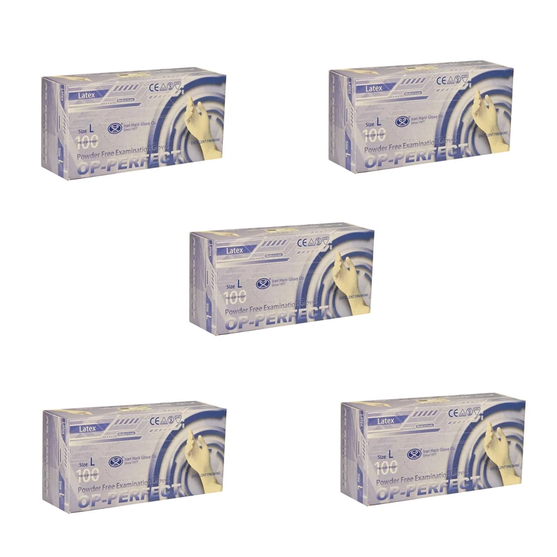 دستکش لاتکس غیر پودری مدل اوپی پرفکت L1 سایز بزرگ (L) بسته 5 بسته 100 عددی