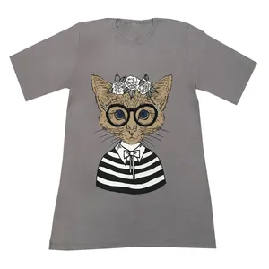 تی شرت لانگ  آستین کوتاه زنانه مدل گربه رنگ طوسی