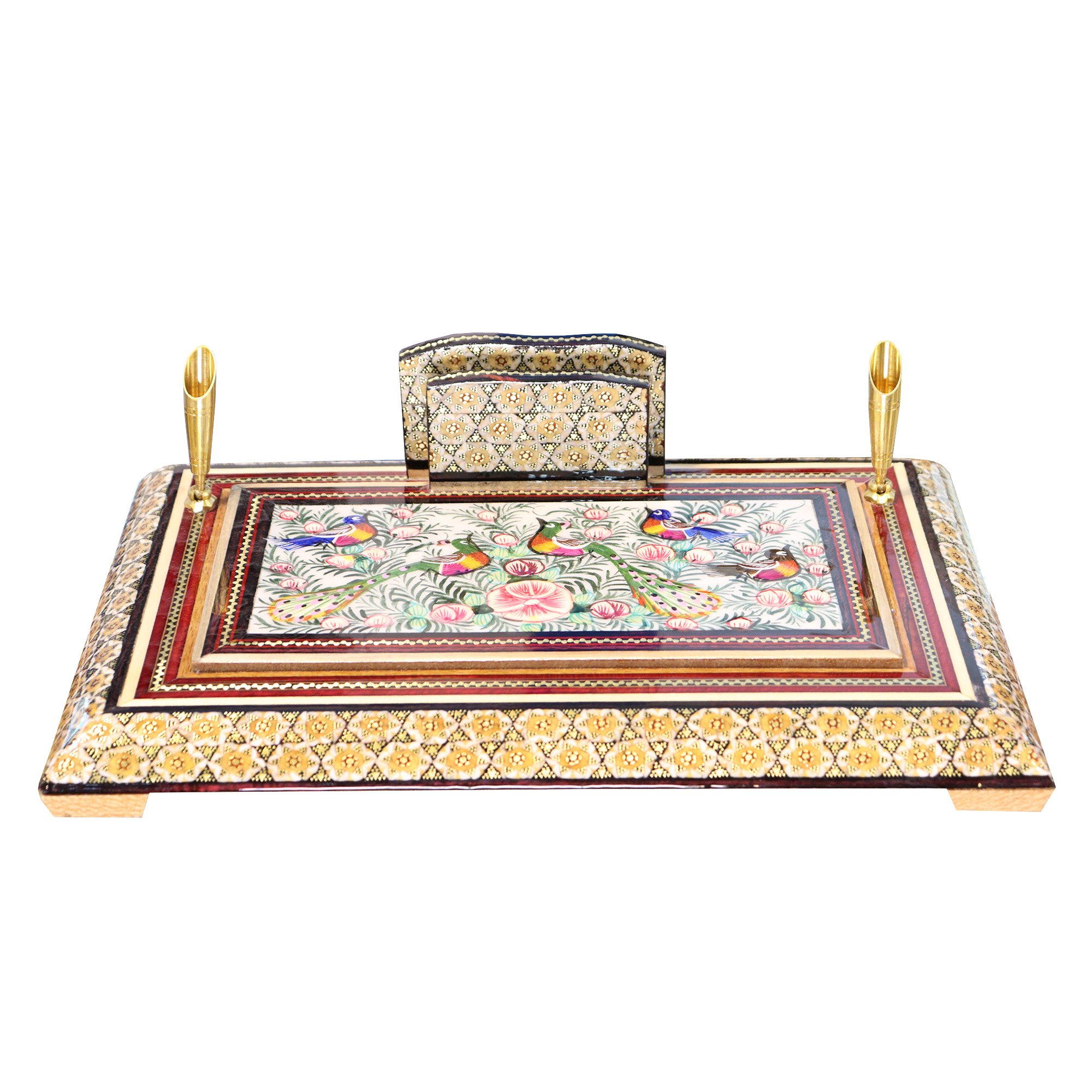 قلمدان خاتم کاری چوبی صنایع دستی فاخر مدل اداری طرح گل و مرغ برجسته کد Gr30p20-4f4