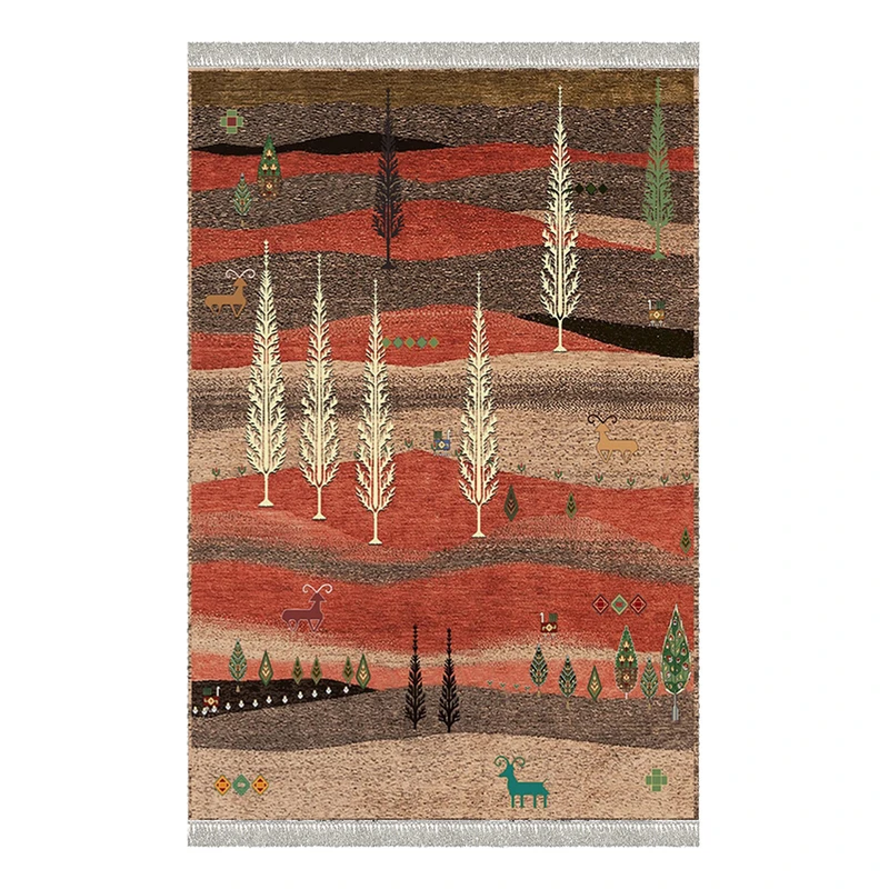 فرش ماشینی 1000 شانه هانوکس زمینه کرم - قهوه‌ای حاشیه چند رنگ مدل بیابان 1 کد L211