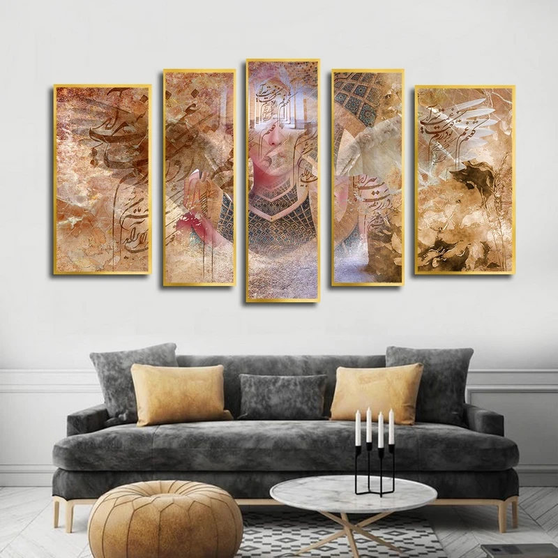 تابلو ساده بکلیت طرح سنتی و شعر ایرانی مدل شاین اکلیلی T-2564 فریم طلایی مجموعه 5 عددی