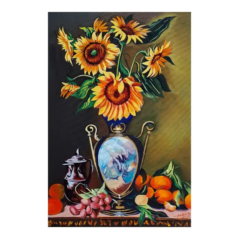 تابلو نقاشی رنگ روغن طرح گلدان گل آفتابگردان