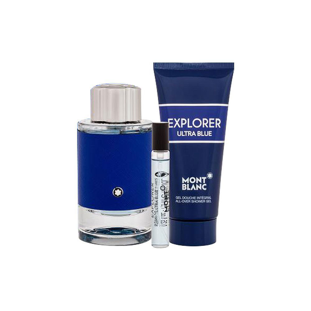 ست ادوپرفیوم مردانه مون بلان مدل explorer ultra blue به همراه عطر جیبی و شامپو بدن