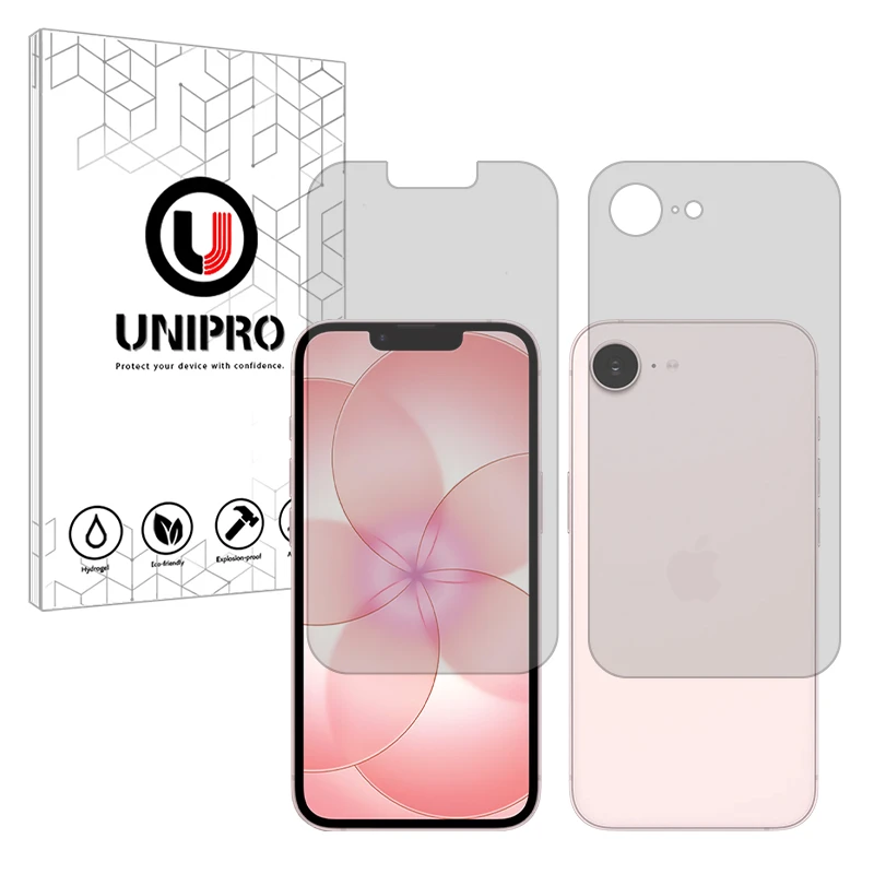 محافظ صفحه نمایش مات یونی پرو مدل هیدروژلی مناسب برای گوشی موبایل اپل iPhone 17e به همراه محافظ پشت گوشی