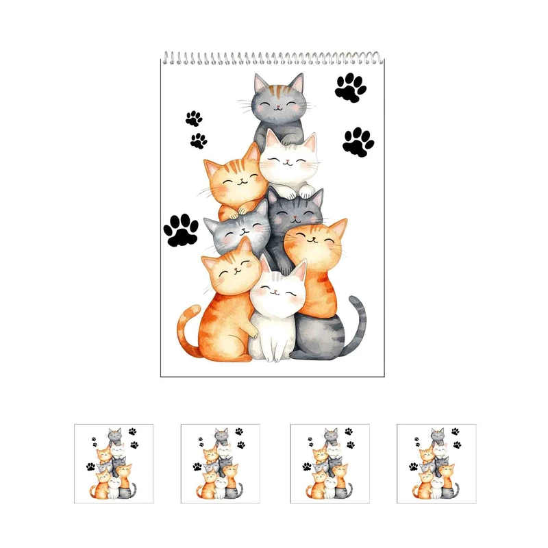 دفتر نقاشی 50 برگ مدل گربه های ملوس کیوت کد A1 به همراه برچسب مجموعه 5 عددی
