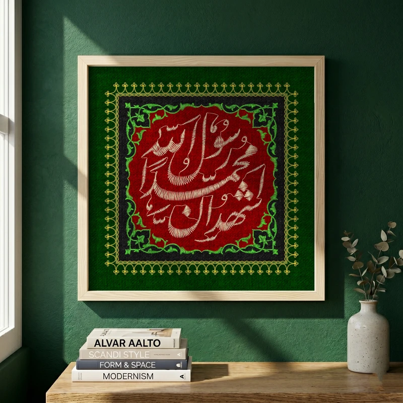 تابلو طرح پرچم دوزی رحلت حضرت محمد (ص) مدل G15322 فریم کرم روشن