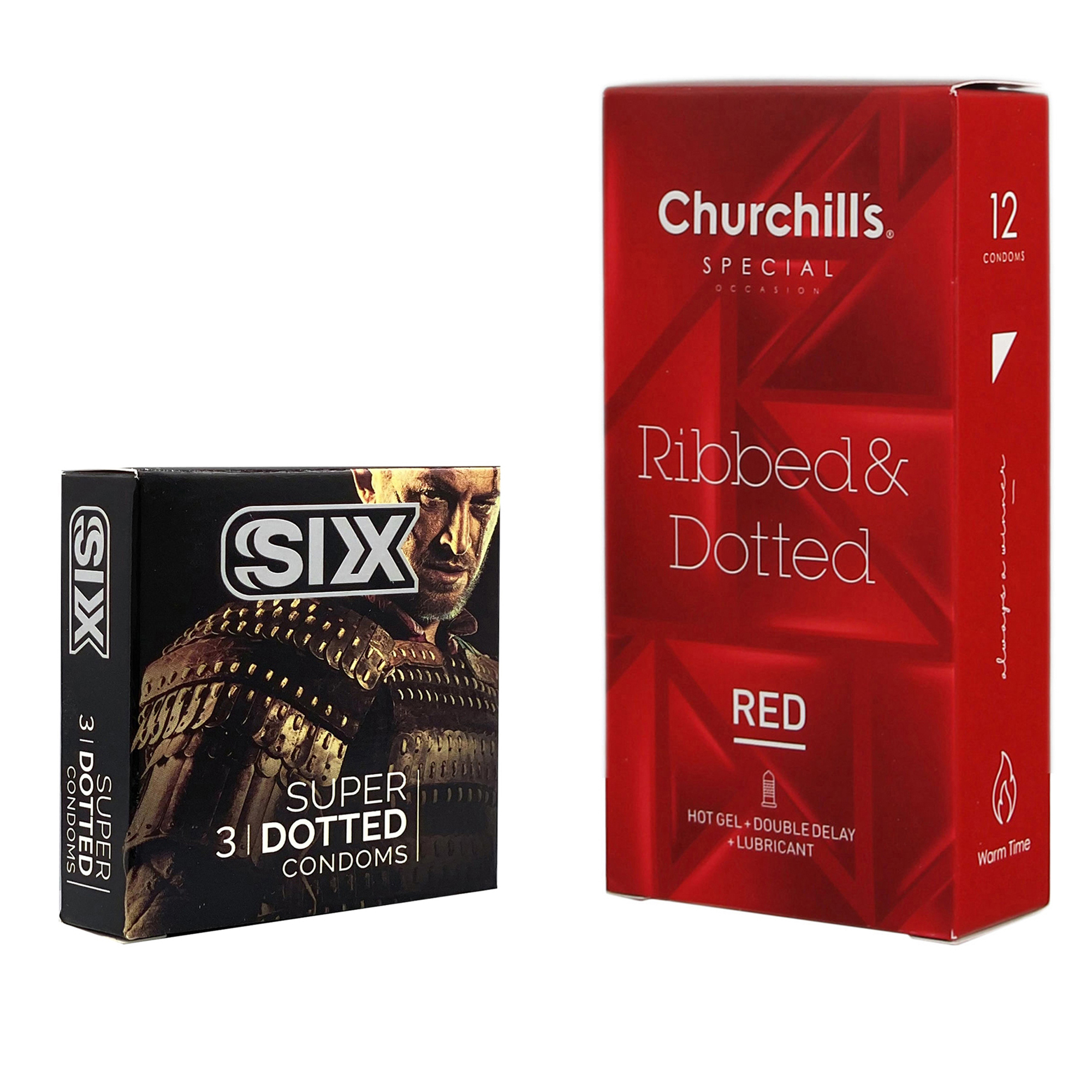 کاندوم چرچیلز مدل Ribbed & Dotted Red بسته 12 عددی به همراه کاندوم سیکس مدل خاردار بسته 3 عددی 