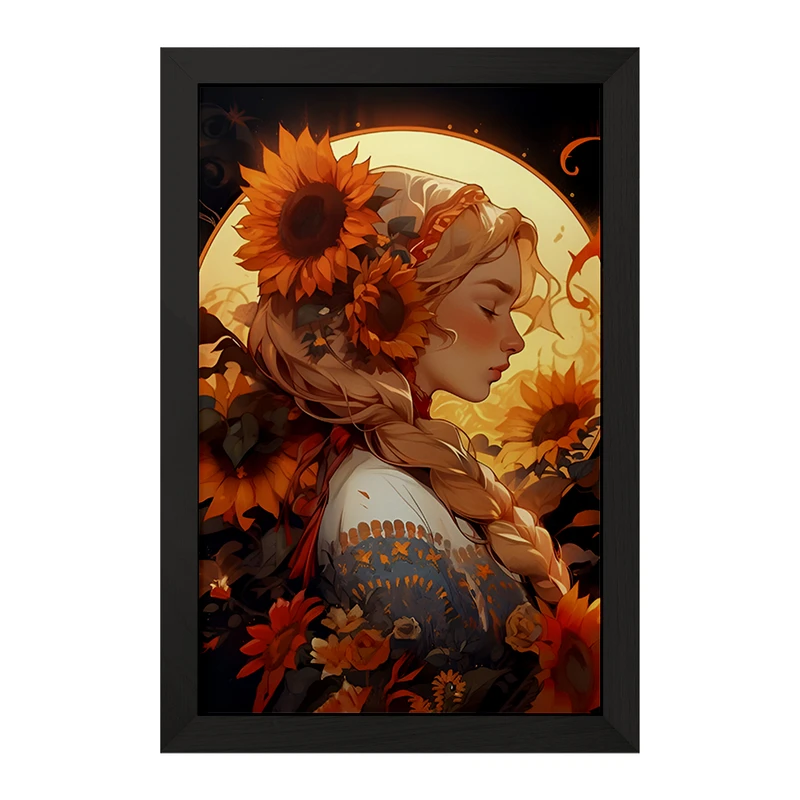 تابلو خندالو مدل دختر و گل های آفتابگردان کد F6880