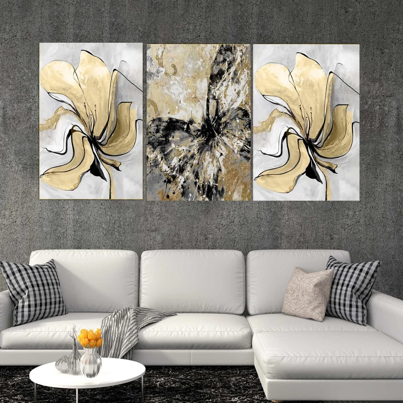 تابلو شاسی بکلیت طرح نقاشی مدرن گل طلایی مدل SH-1867 مجموعه 3 عددی