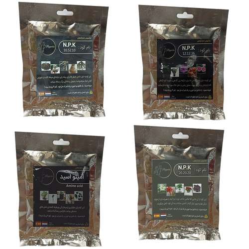کود فسفر ریشه زایی 10-52-10 وگلدهی 36-12-12 و امینو اسید و کود کامل 20-20-20 مدل raw material وزن 200 گرم بسته 4 عددی