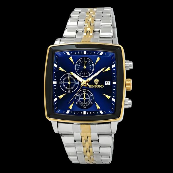 ساعت مچی عقربه‌ای کوارتز مردانه بین باند مدل مربعی سه موتور فعال کورنوگراف کد sn