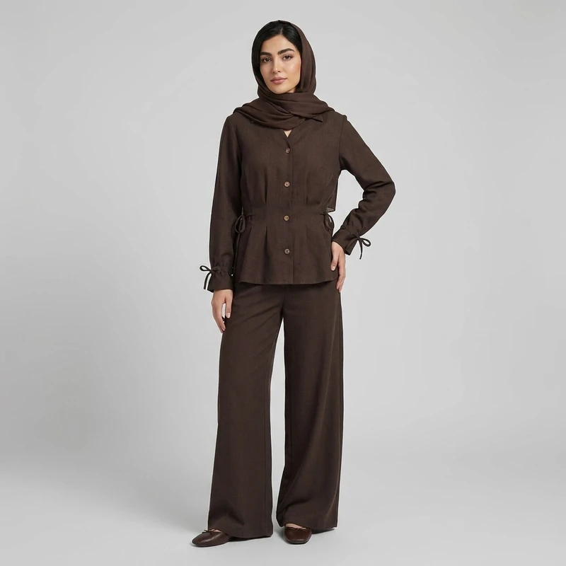 ست مانتو و شلوار زنانه مدل بزیاق بنددار شایسته