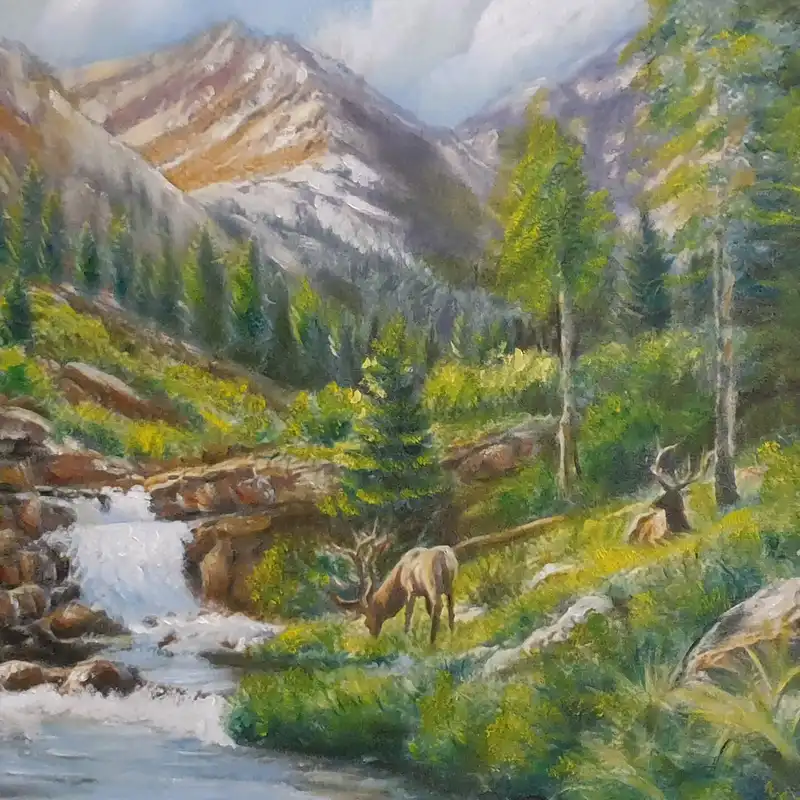 تابلو نقاشی رنگ روغن طرح طبیعت جنگل و رودخانه