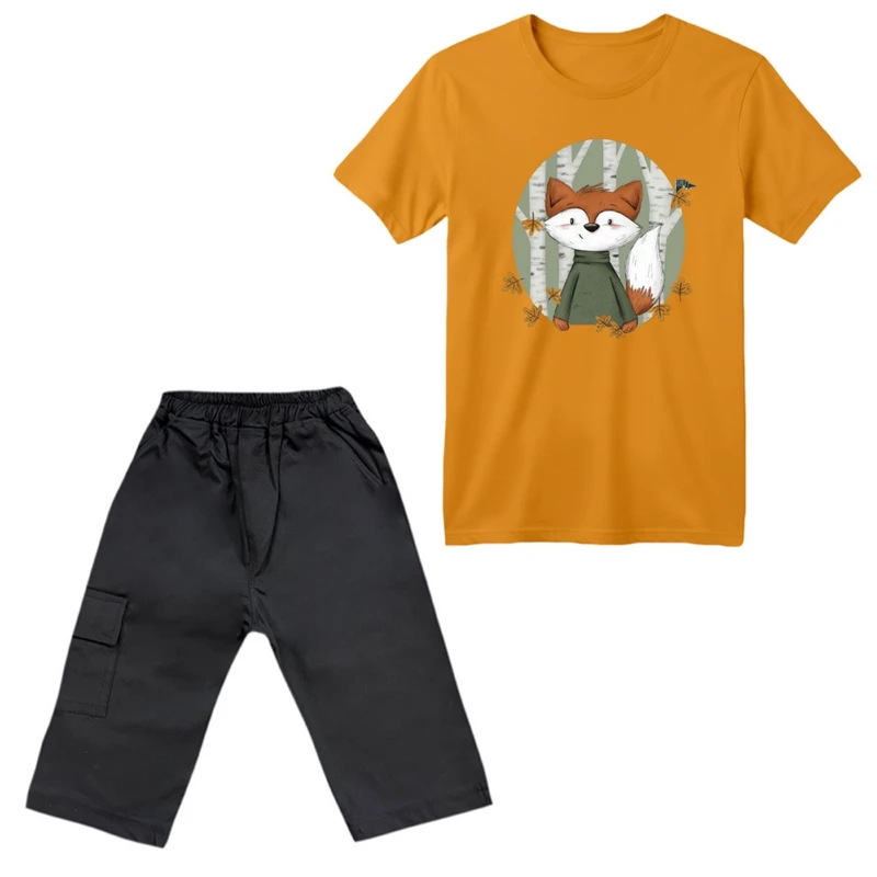 ست تی‌شرت آستین کوتاه و شلوارک پسرانه مدل روباه کد ۲ رنگ پرتقالی