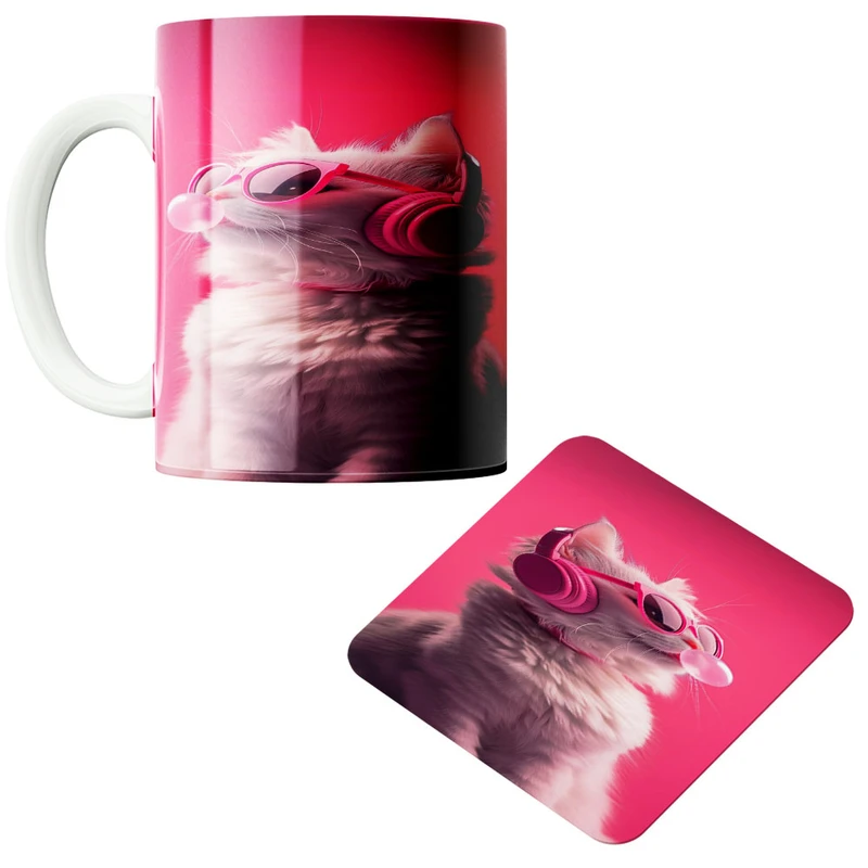 ماگ پاد آفرین مدل گربه کد 536 به همراه زیر لیوانی 