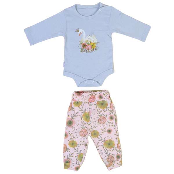 ست بادی آستین بلند و شلوار نوزادی طرح قو مدل cag443p