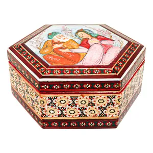 جعبه جواهرات خاتم کاری چوبی صنایع دستی فاخر طرح خسرو و شیرین کد 12125