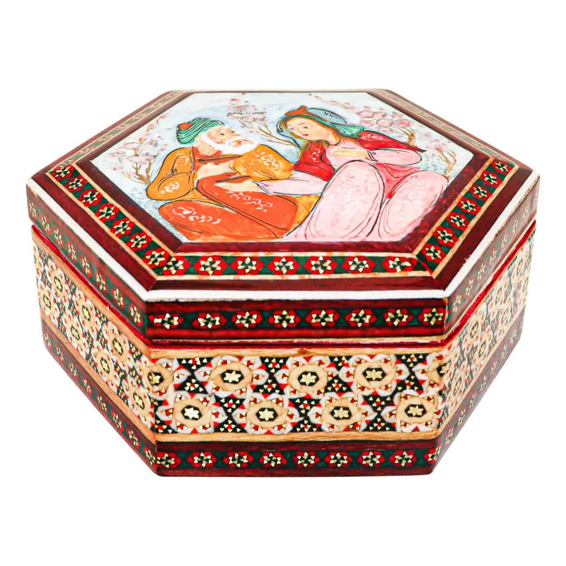 جعبه جواهرات خاتم کاری چوبی صنایع دستی فاخر طرح خسرو و شیرین کد 12125