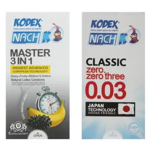 کاندوم کلاسیک ناچ کدکس مدل 0.03 بسته 10 عددی به همراه کاندوم تاخیری ناچ کدکس مدل سه کاره MASTER 3*1 بسته 12 عددی