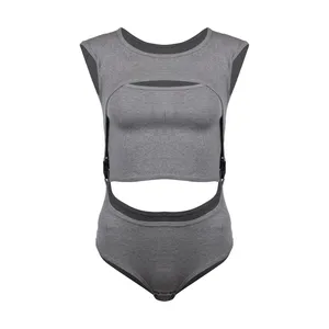 بادی آستین کوتاه زنانه پپا مدل Buckle  رنگ طوسی