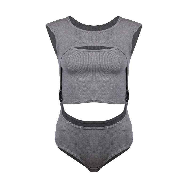 بادی آستین کوتاه زنانه پپا مدل Buckle رنگ طوسی