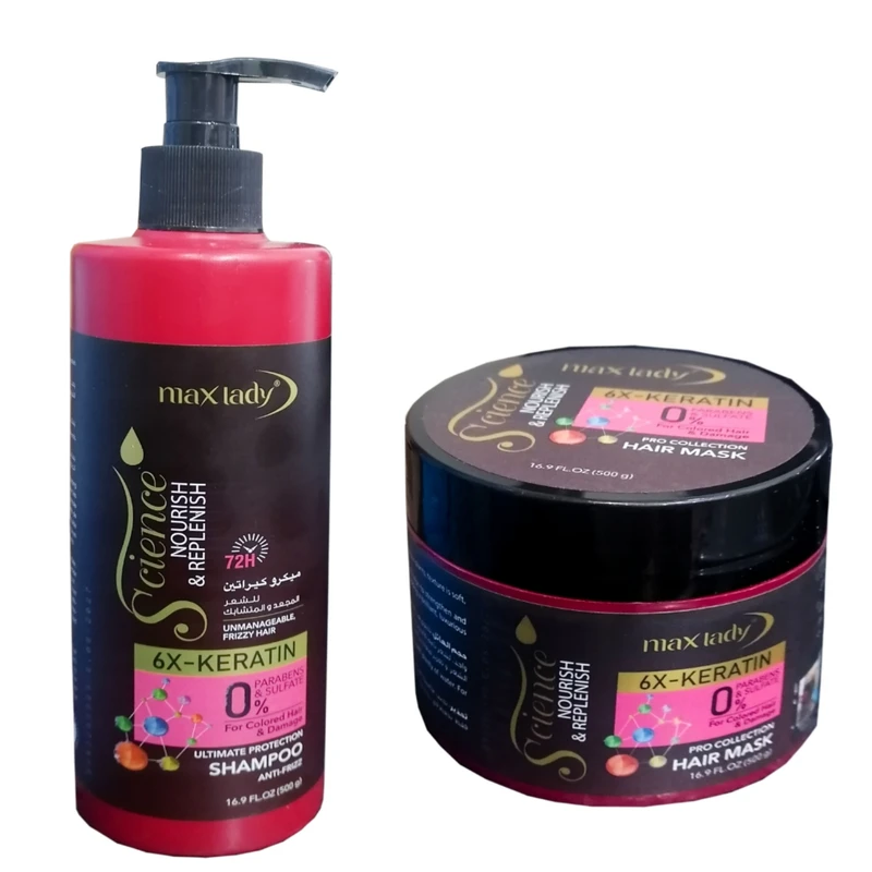 شامپو تقویت کننده و ضد ریزش مو مکس لیدی مدل کراتین وزن 500 گرم به همراه ماسک مو مکس لیدی مدل کراتین وزن 500 گرم