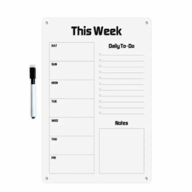تخته وایت‌برد مدل پلنر هفتگی انگلیسی سایز 21x30 سانتی‌متر به همراه ماژیک