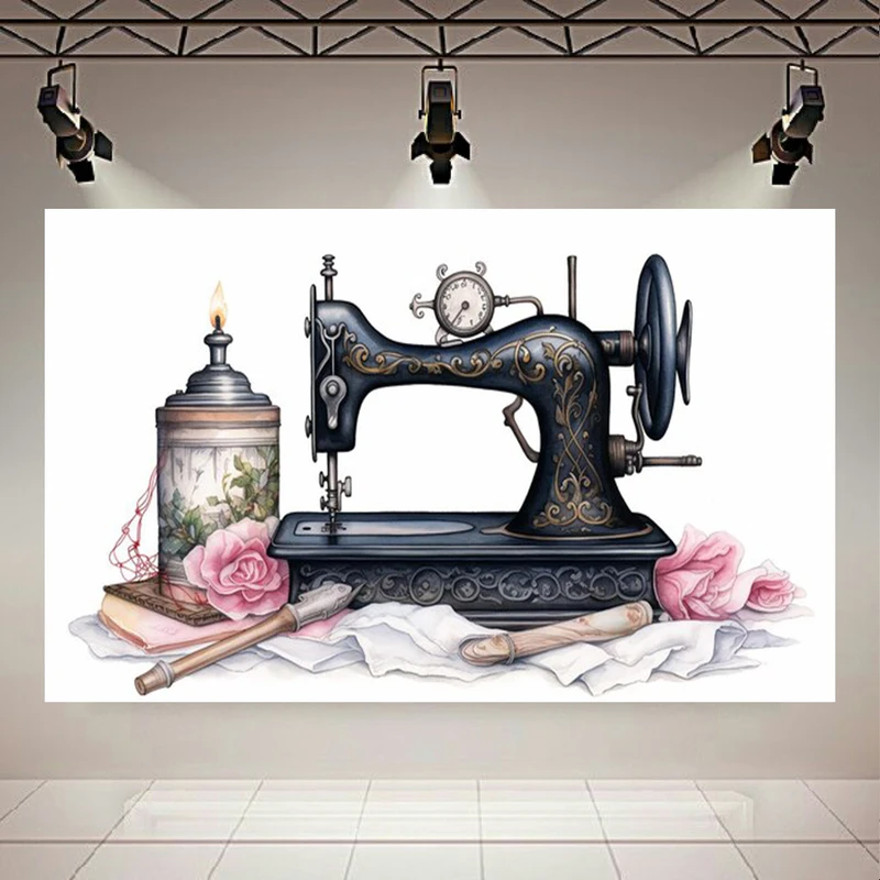  تابلو بوم طرح چرخ خیاطی نوستالژیک مدل آبرنگی مشکی کد PD130327