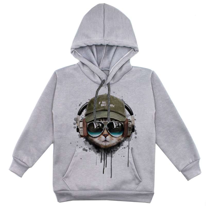 هودی پسرانه مدل گربه و هدفون F66 رنگ طوسی