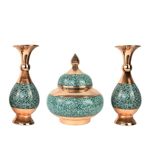 ست 3 تکه قندان و گلدان فیروزه کوبی مسی کد 16