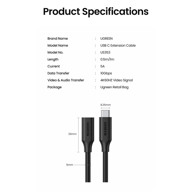 کابل افزایش طول USB-C یوگرین مدل US353 طول 1 متر