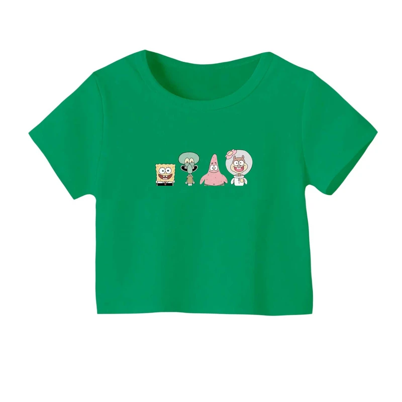 کراپ‌ تی‌شرت آستین کوتاه زنانه مدل باب اسفنجی و دوستان کد۱