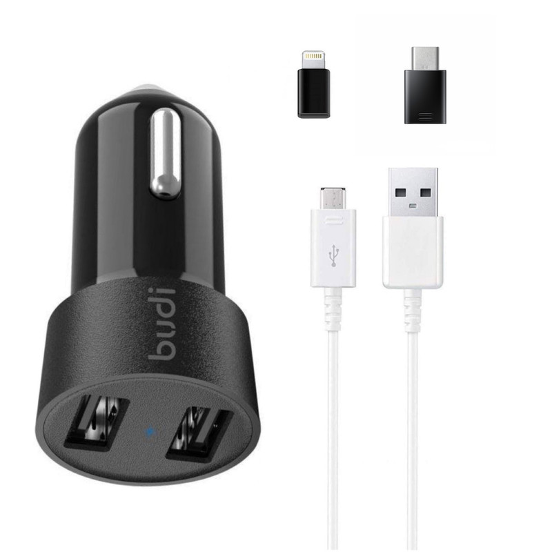 شارژر فندکی 17 وات بودی مدل M8j622 به همراه کابل تبدیل microUSB / لایتنینگ / USB-C