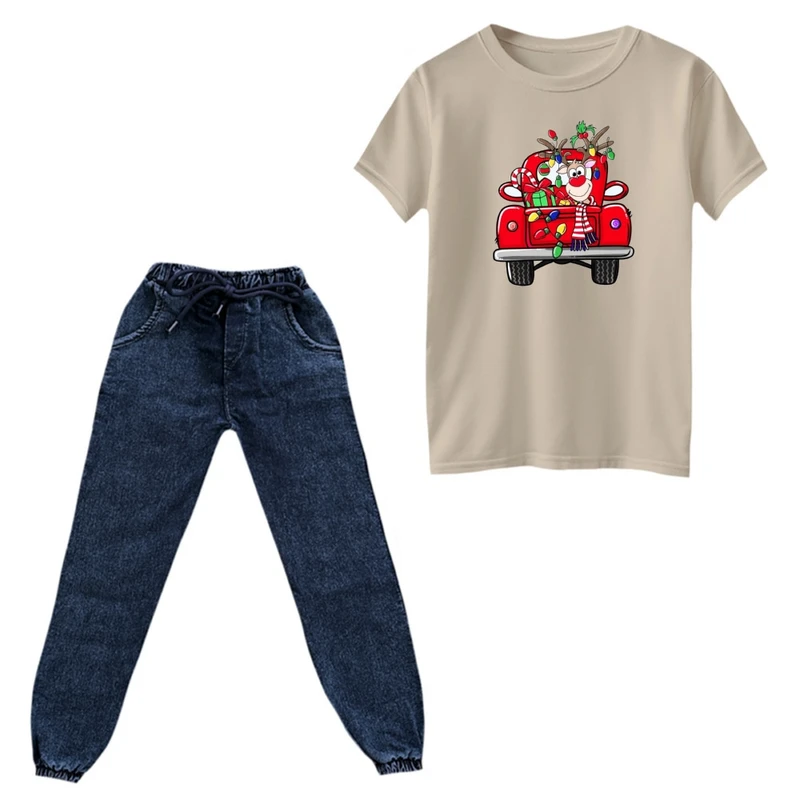 ست تی‌شرت و شلوار پسرانه مدل گوزن کریسمس کد 8