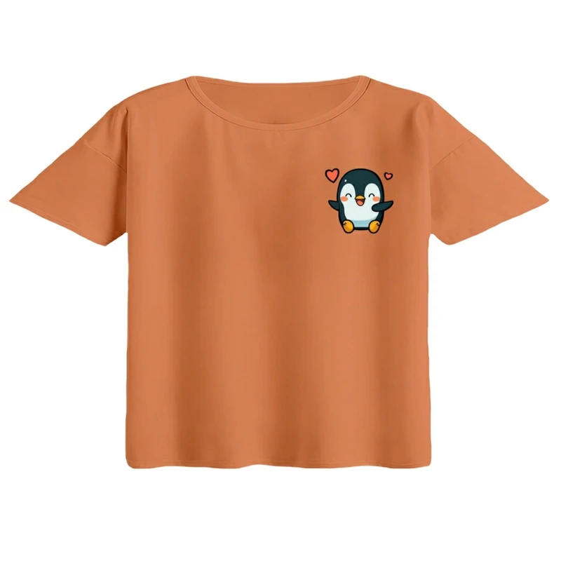 کراپ تی‌شرت آستین کوتاه زنانه مدل پنگوئن کد ۲ رنگ گلبهی