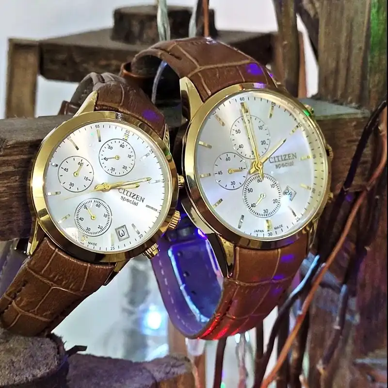 ست ساعت مچی عقربه ای سیتی زن مدل سه موتور فعال کورنوگراف قفل پروانه ای بند چرمی_brn04