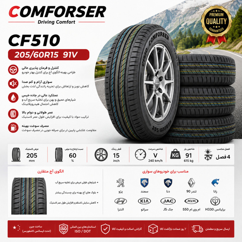 لاستیک خودرو کامفورزر مدل CF510 سایز 205/60/15 تولید سال 2025- 2 حلقه