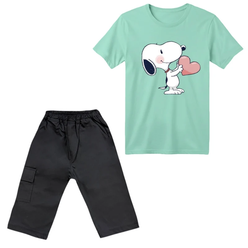 ست تی‌شرت آستین کوتاه و شلوارک پسرانه مدل اسنوپی کد ۴۷ رنگ سبز روشن