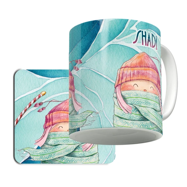 ماگ لاژید مدل اسم شادی طرح کارتونی به همراه زیر لیوانی