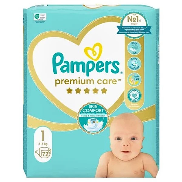 پوشک بچه پمپرز مدل premium care سایز ۱ بسته ۷۲ عددی 