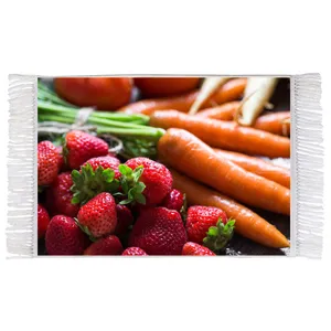 فرش ماشینی دیوارکوب اطلس آبی طرح میوه توت فرنگی و هویج مدل T1851 