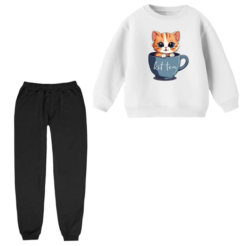 ست سویشرت و شلوار راحتی بچگانه مدل گربه و فنجان 