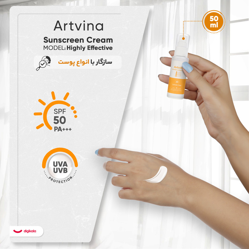 کرم ضد آفتاب بدون رنگ آرت وینا SPF 50 مدل Highly Effective ‌محافظ UVA ،UVB و PA+++، ضد حساسیت، ضد چروک و ضد پیری مناسب انواع پوست‌ حجم 50 میلی‌لیتر