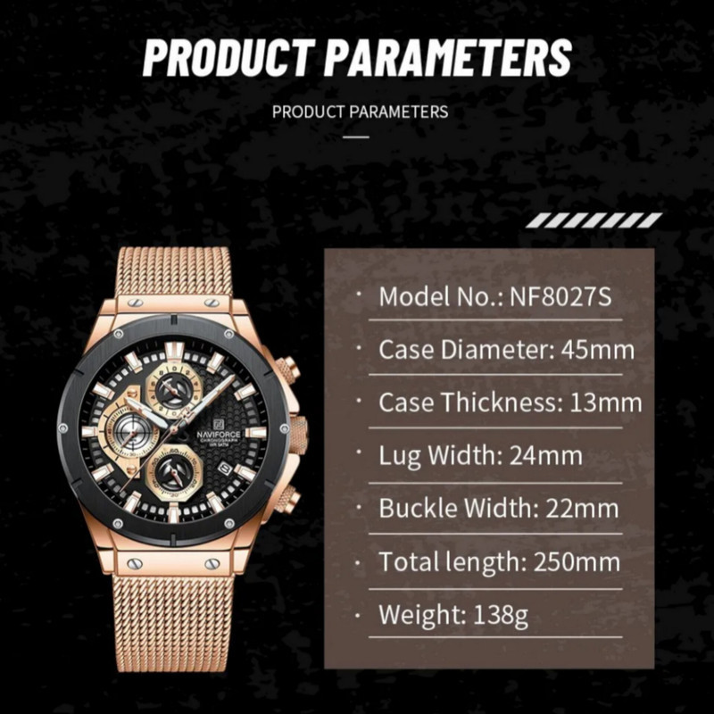 ساعت مچی عقربه‌ای مردانه نیوی فورس مدل سه موتوره کرنوگراف تقویمدار