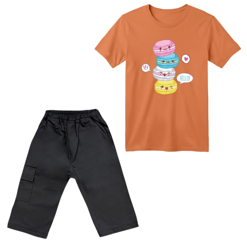 ست تی‌شرت آستین کوتاه و شلوارک دخترانه مدل ماکارون