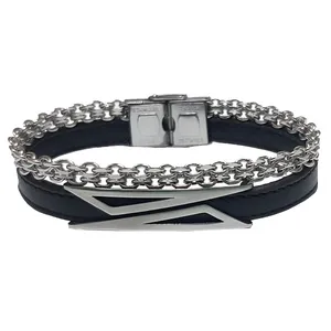 دستبند مردانه مدل چرم و زنجیر استیل با پلاک مثلث توخالی