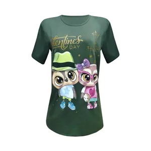 تی شرت آستین کوتاه زنانه مدل پنبه طرح جغد کد 202002 رنگ سبز