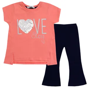 ست تی شرت و شلوار دخترانه مدل Love Story رنگ گلبهی