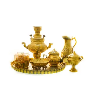 سرویس سماور ذغالی 12 پارچه برنجی مدل عدسی ترک دار کد 4574